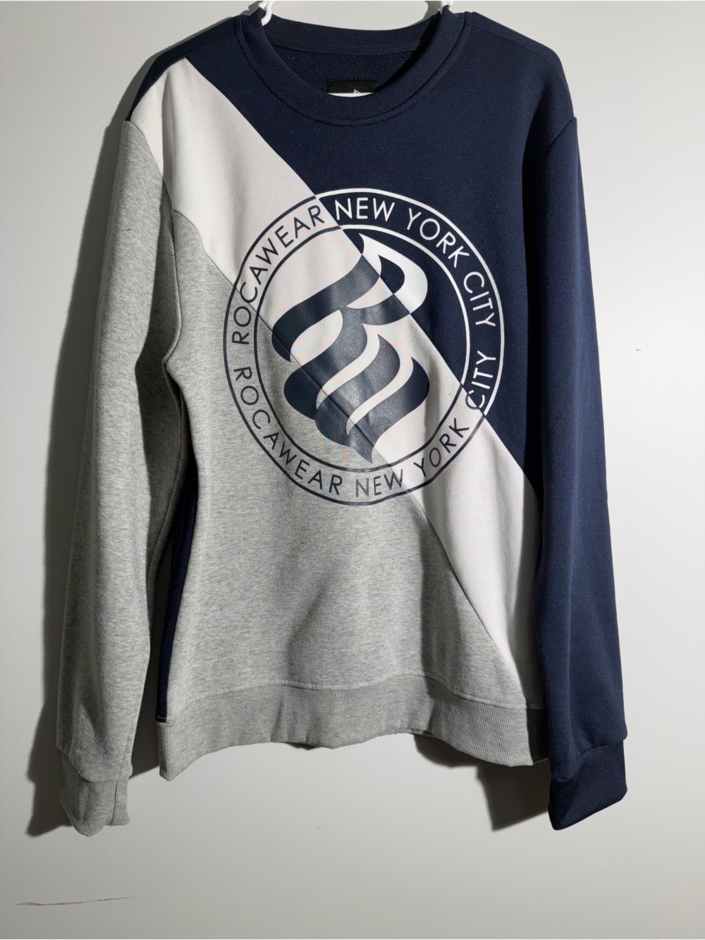 Rocawear Navy Gray White Diagonal Colorblock Crewneck Sweatshirt